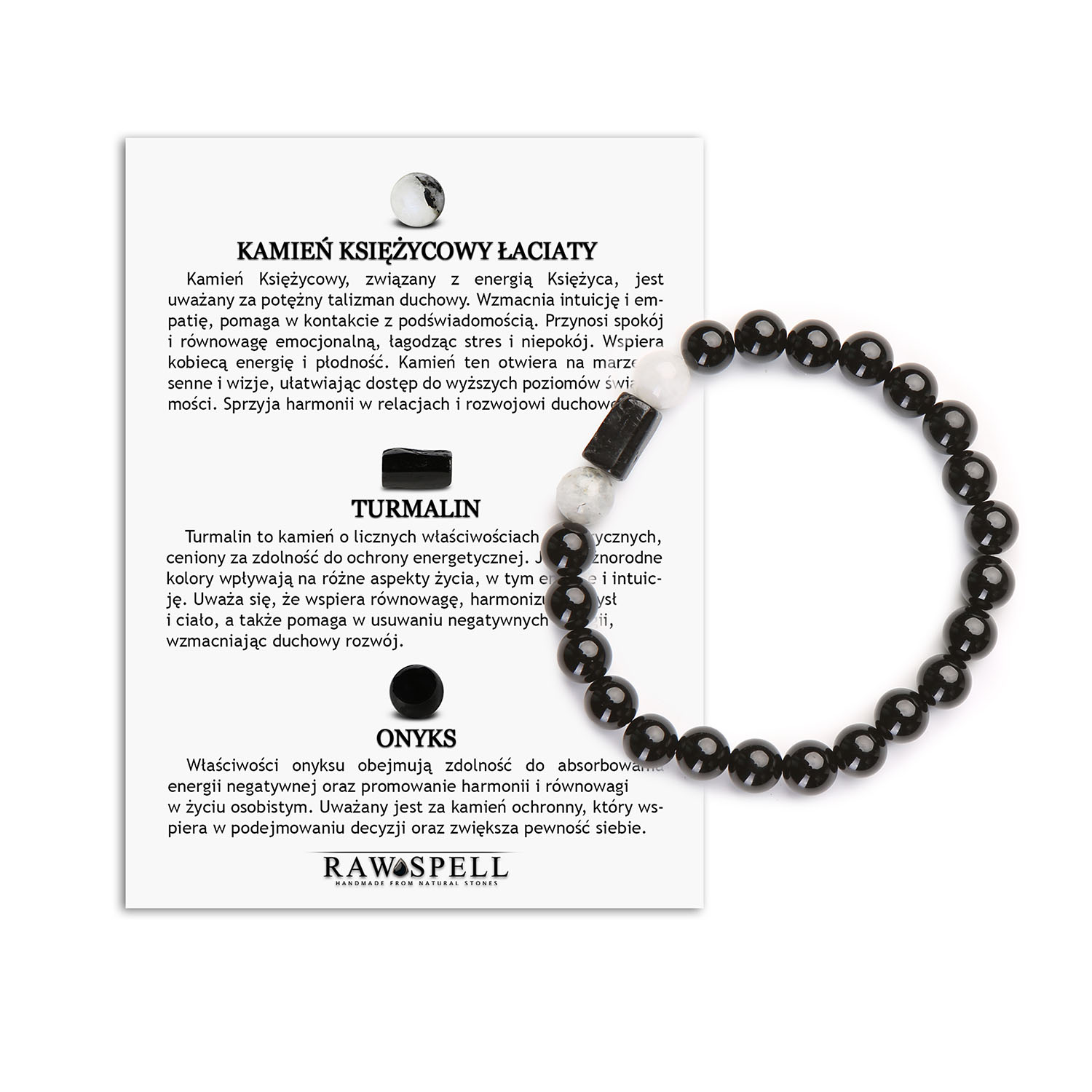 Bransoletka Arsil Kamień Księżycowy Łaciaty, Turmalin, Onyks - Naturalny Blask w Twojej Stylizacji Bransoletka Arsil z kamieniem księżycowym łaciatym, turmalinem i onyksami, wykonana z naturalnych kamieni - wyjątkowy dodatek dla miłośników biżuterii.