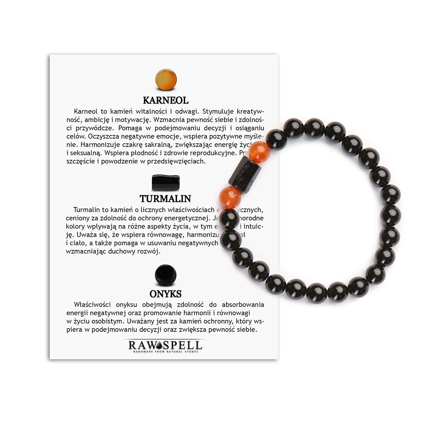 Bransoletka Arsil Karneol, Turmalin, Onyks - Naturalne Piękno w Twojej Stylizacji Bransoletka Arsil z karneolu, turmalinu i onyksu, stworzona z naturalnych kamieni, idealna na prezent lub na co dzień.