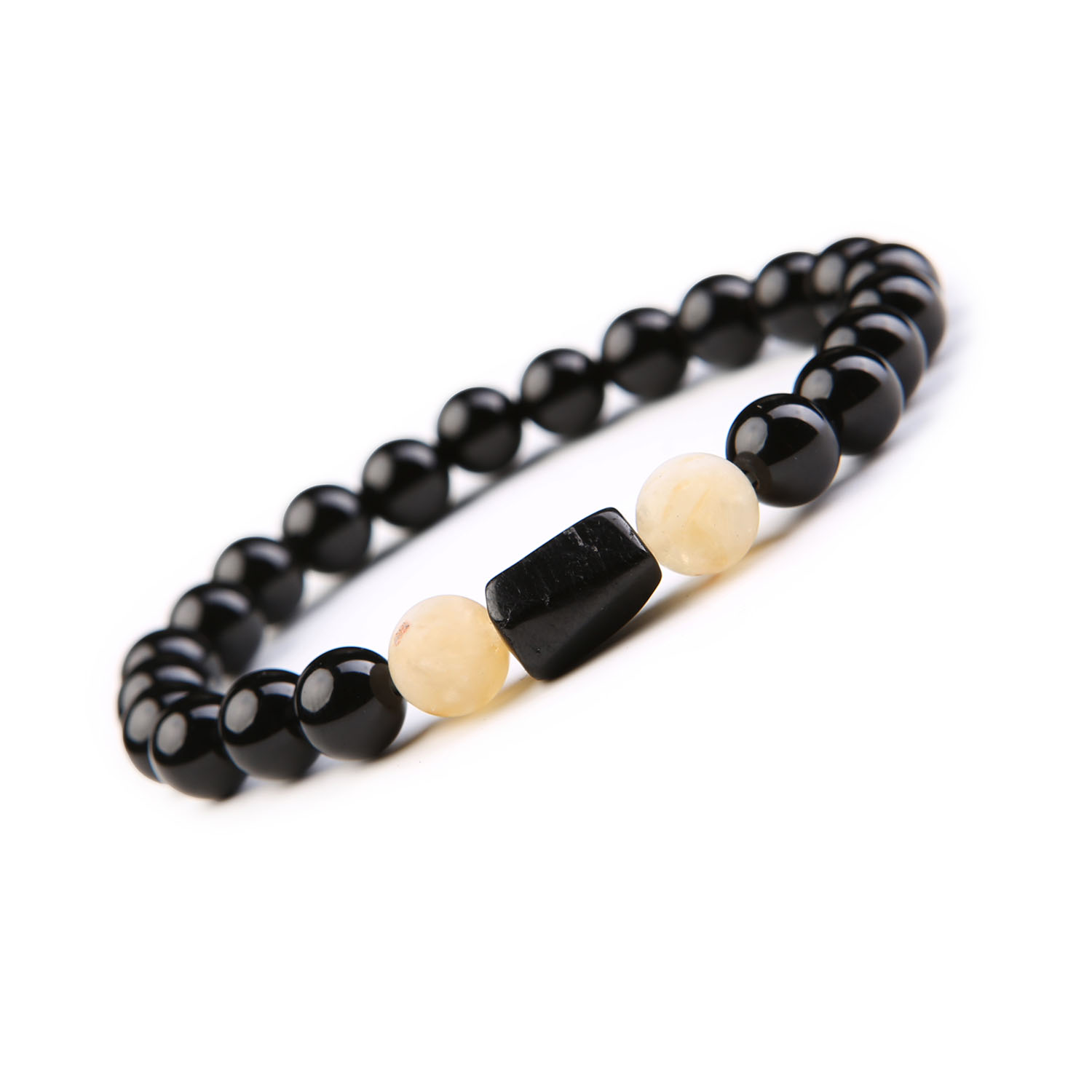 Bransoletka Arsil z Kamieni Naturalnych Cytryn Cieniowany, Turmalin, Onyks Bransoletka z naturalnych kamieni Arsil, składająca się z cytrynu cieniowanego, turmalinu i onyksu, doskonały wybór dla miłośników biżuterii.