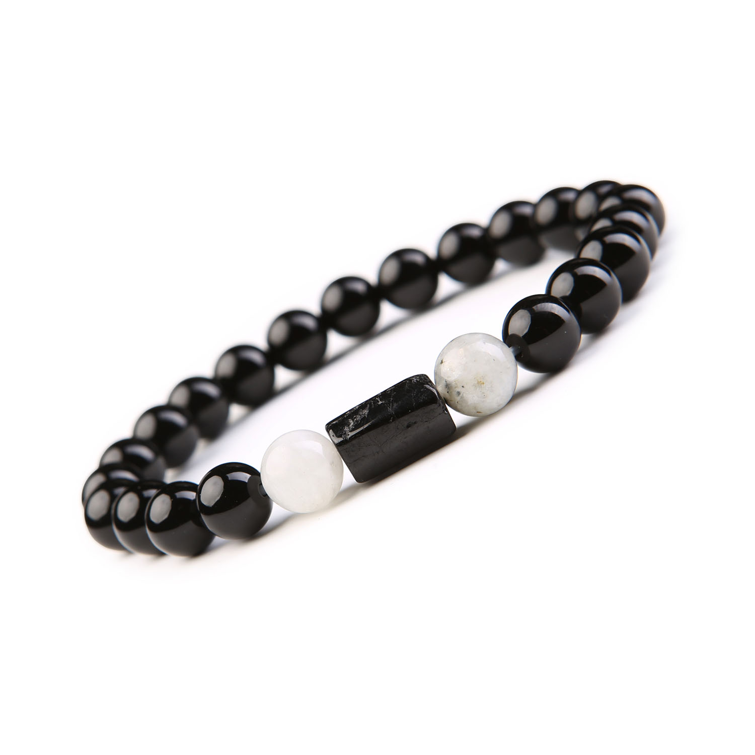 Bransoletka Arsil z Kamieni Naturalnych Kamień Księżycowy Łaciaty, Turmalin, Onyks Elegancka bransoletka z kamieni naturalnych Arsil, składająca się z łaciatego kamienia księżycowego, turmalinu i onyksu, idealna na każdą okazję.