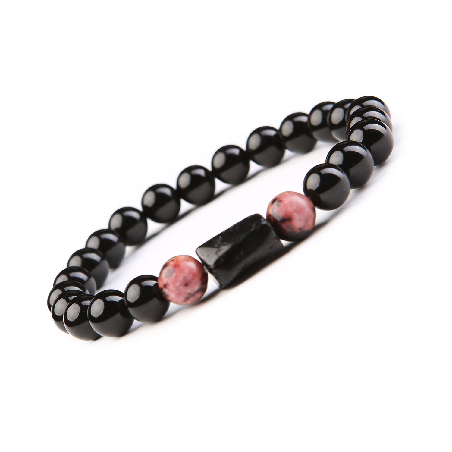 Bransoletka Arsil z Kamieni Naturalnych Rodonit, Różowo-Czarny Turmalin, Onyks Bransoletka z kamieni naturalnych Arsil, w skład której wchodzi różowo-czarny rodonit, turmalin i onyks - idealny dodatek do każdej stylizacji.