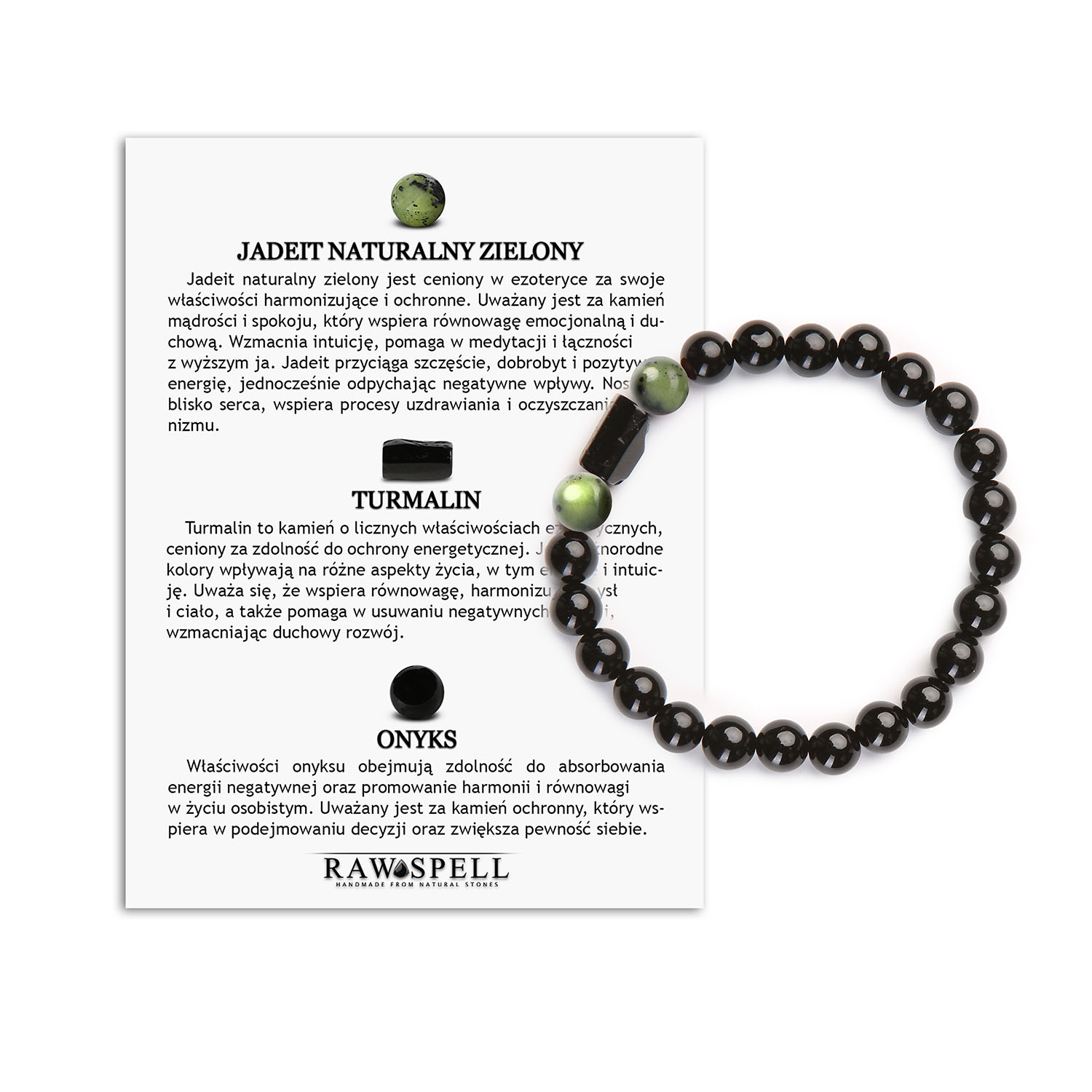 Bransoletka z Kamieni Naturalnych - Jadeit Zielony, Turmalin i Onyks Kolekcja Arsil Elegancka bransoletka Arsil wykonana z jadeitu zielonego, turmalinu i onksu.