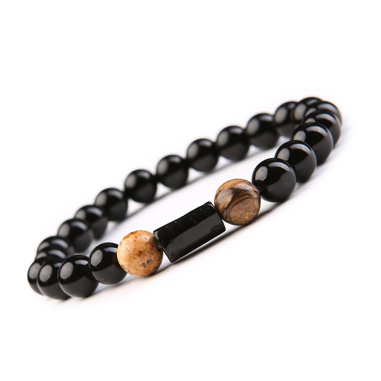 Bransoletka z Kamieni Naturalnych - Jaspis Obrazkowy, Turmalin i Onyks Kolekcja Arsil Szykowna bransoletka z naturalnych kamieni, w której splatają się barwy jaspisu obrazkowego, turmalinu oraz onksu - Kolekcja Arsil.