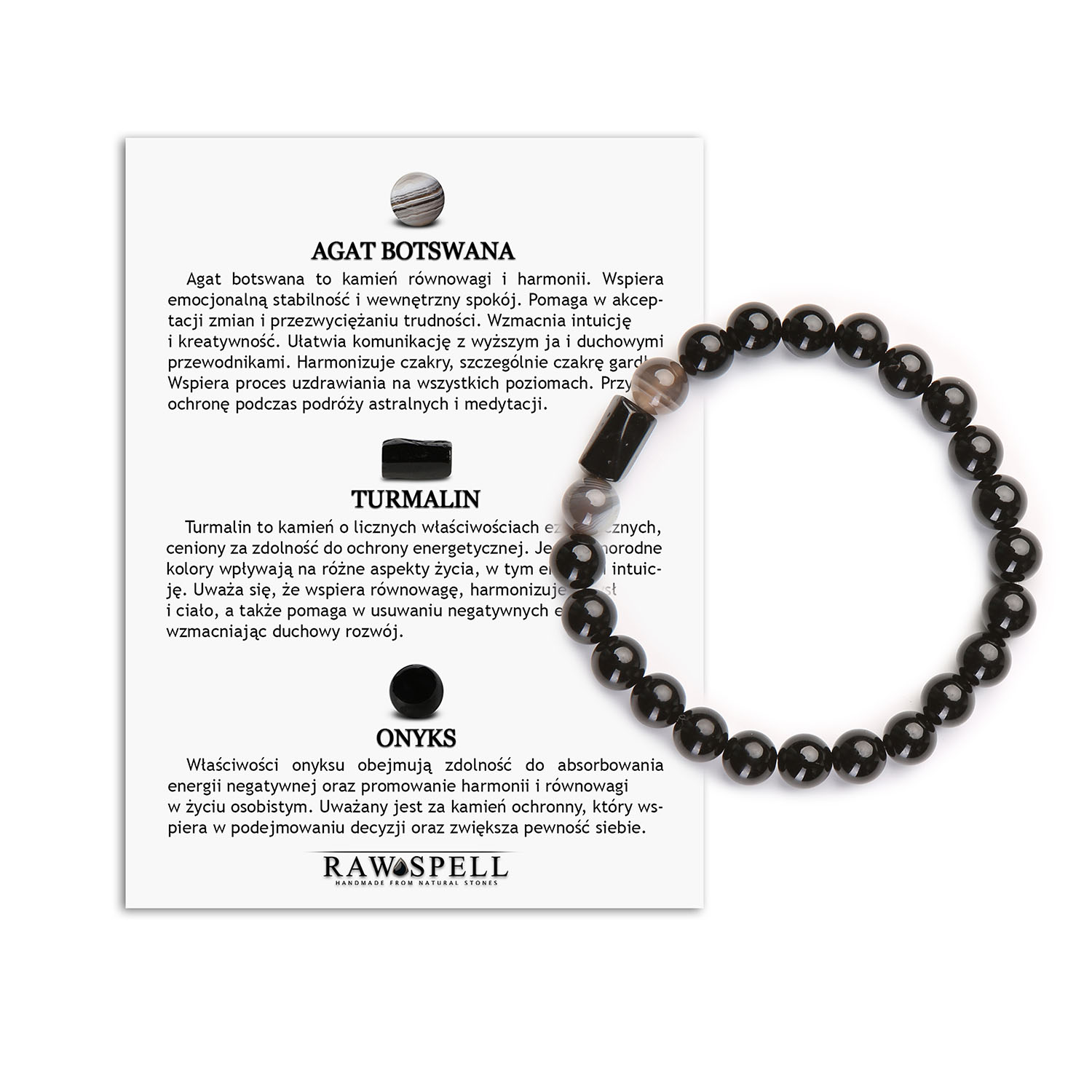 Bransoletka z Kamieni Naturalnych – Agat Botswana, Turmalin, Onyks. Kolekcja Arsil Elegancka bransoletka Arsil wykonana z agatu botswana, turmalinu i onksu.