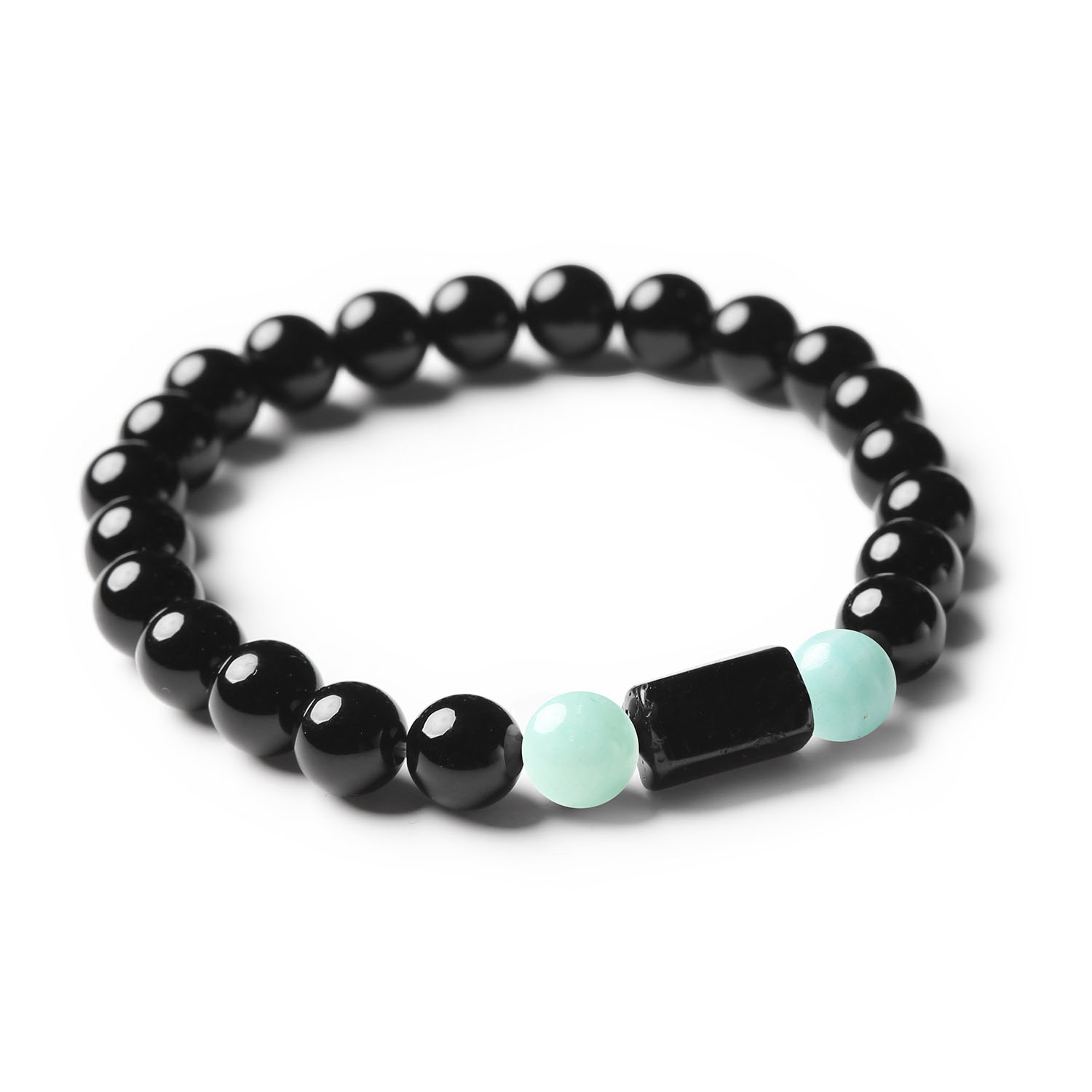 Bransoletka z kamieni naturalnych: turmalin, jasny amazonit i onyks, część kolekcji Arsil.