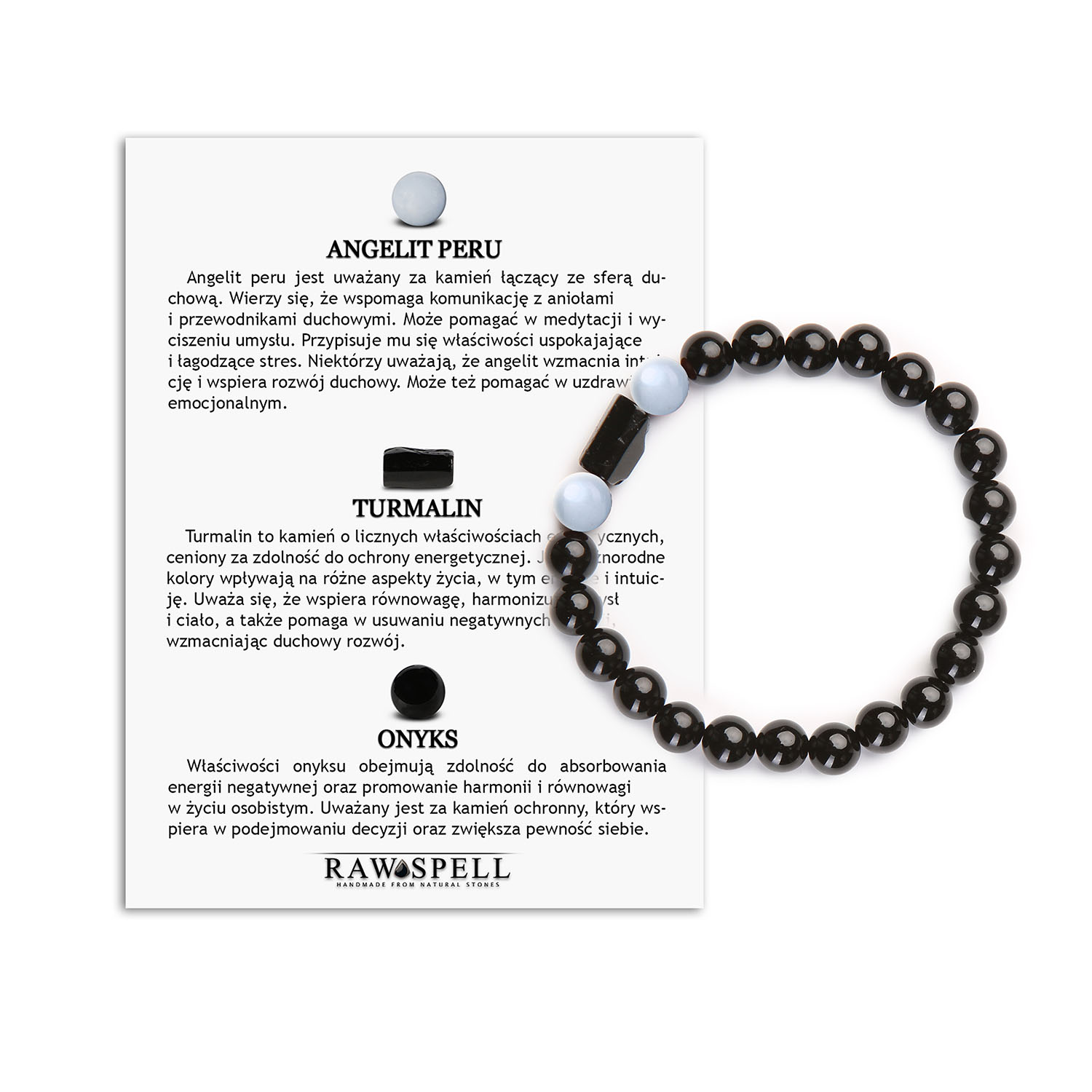 Bransoletka z Kamieni Naturalnych – Angelit Peru Turmalin, Onyks. Kolekcja Arsil Bransoletka z kamieni naturalnych: turmalin, angelit Peru i onyks, część kolekcji Arsil.