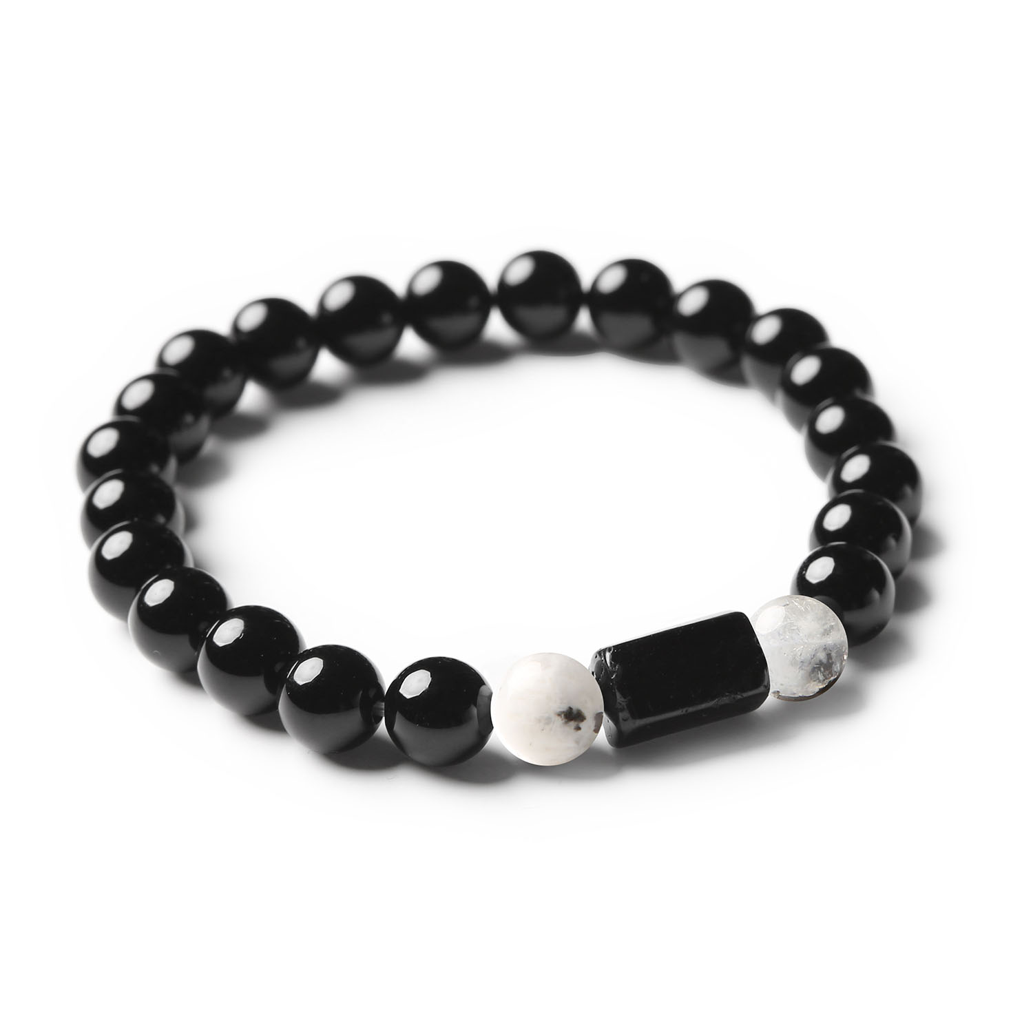 Stylowa bransoletka Arsil z kamienia księżycowego łaciatego, turmalinu i onyksu, tworząca unikalną kompozycję.