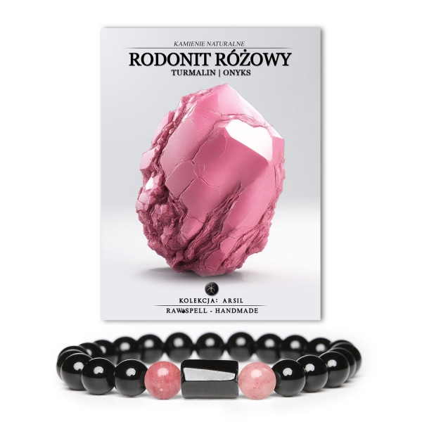 Stylowa bransoletka z naturalnych kamieni: Rodonit Różowy, Turmalin i Onyks – elegancja i energia w kolekcji Arsil.