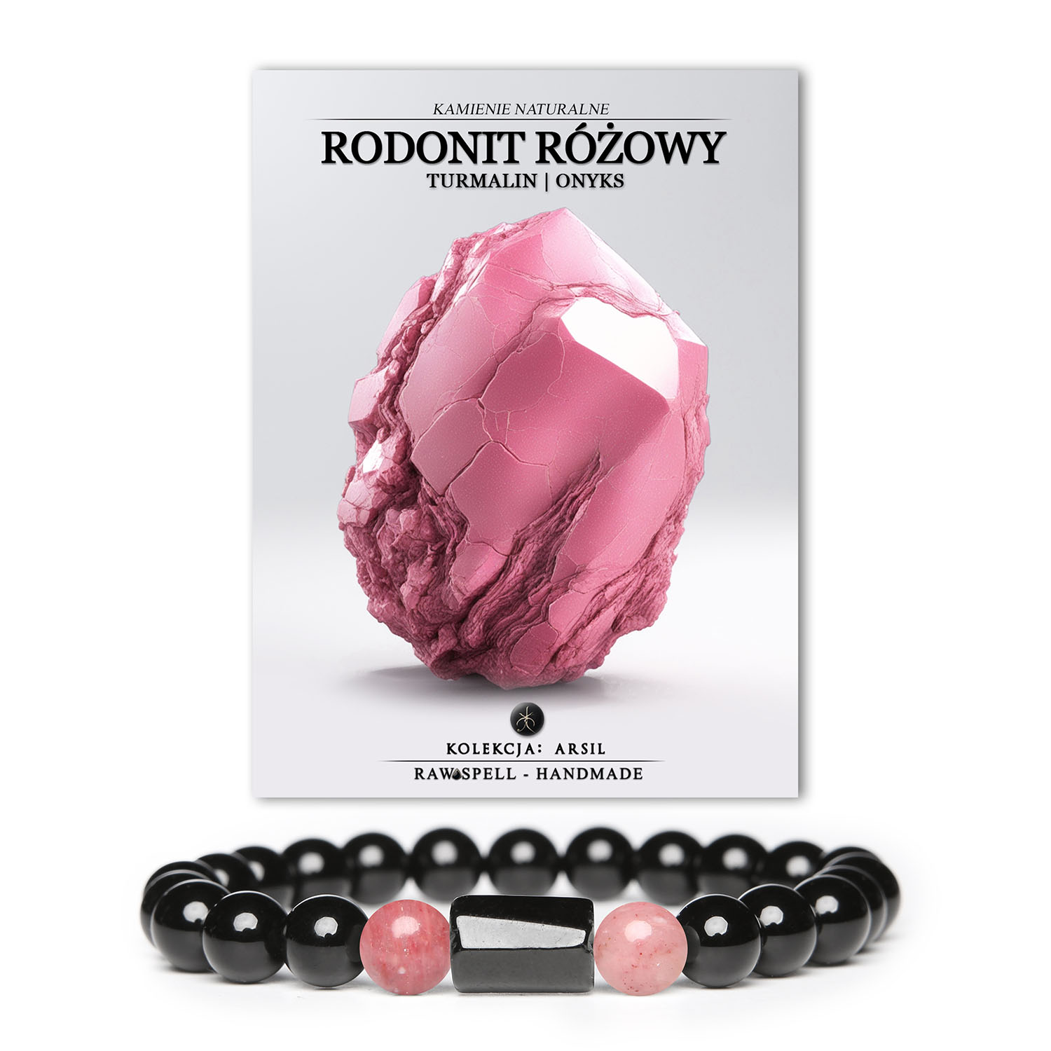 Stylowa bransoletka z naturalnych kamieni: Rodonit Różowy, Turmalin i Onyks – elegancja i energia w kolekcji Arsil.