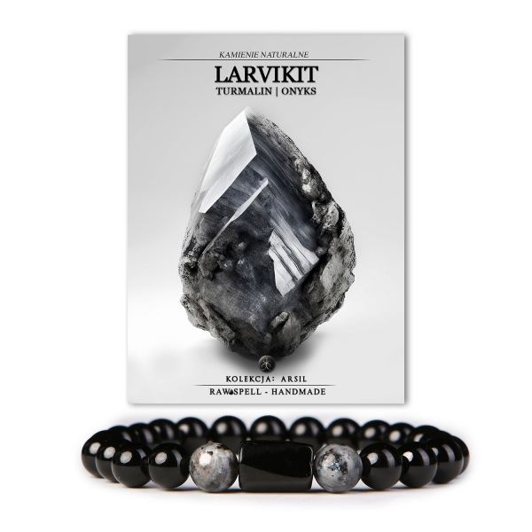 Bransoletka z naturalnych kamieni: larvikit, turmalin i onyks – magiczna kombinacja, która dodaje charakteru i blasku każdemu lookowi.