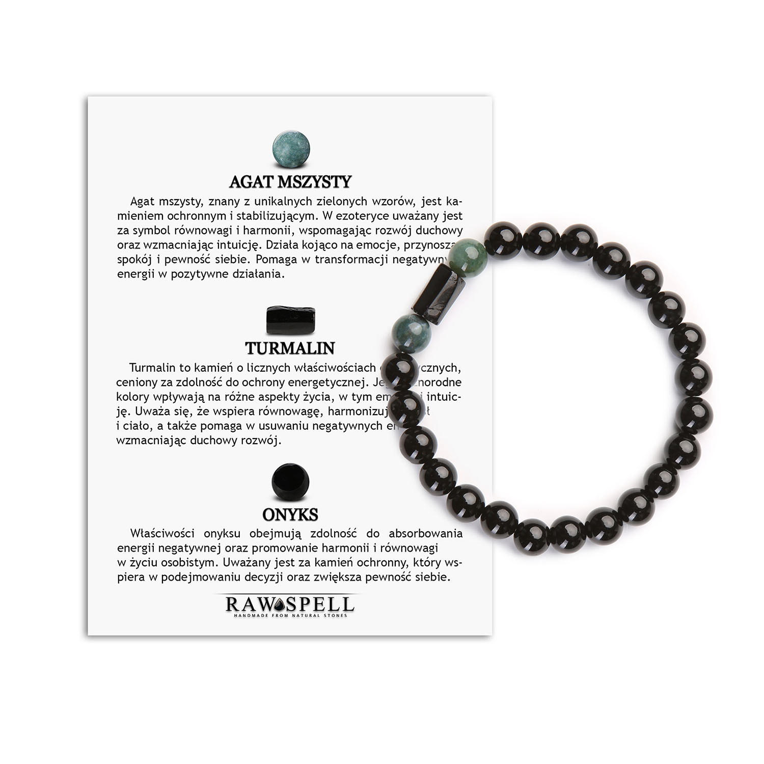 Bransoletka z Kolekcji Arsil Agat Mszysty, Turmalin, Onyks - Naturalne Piękno w Twojej Kolekcji Stylowa bransoletka z naturalnych kamieni Arsil, łącząca agat mszysty, turmalin i onyks w harmonijną całość.