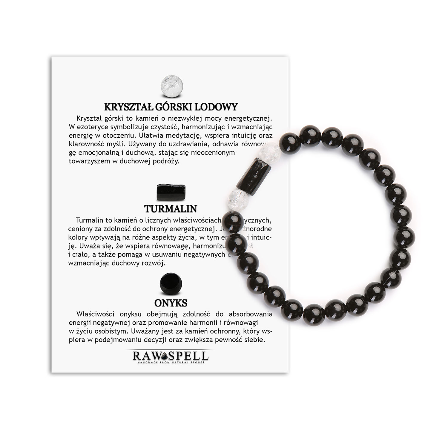 Bransoletka z Kolekcji Arsil Kryształ Górski Lodowy, Turmalin, Onyks - Elegancja Natury Stylowa bransoletka Arsil wykonana z kryształu górskiego lodowego, turmalinu i onyksu, idealna na każdą okazję."