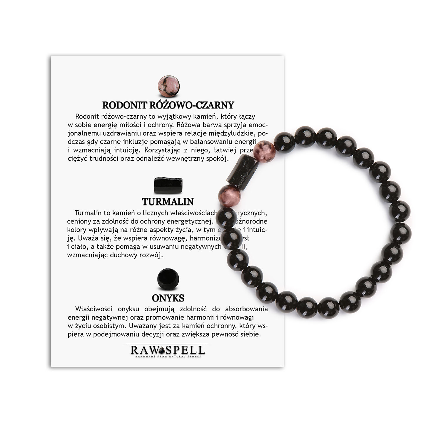 Bransoletka z Kolekcji Arsil Rodonit, Różowo-Czarny Turmalin, Onyks - Unikalny Blask Natury Stylowa bransoletka z naturalnych kamieni Arsil, łącząca rodonit w odcieniach różowo-czarnych, turmalin i onyks.