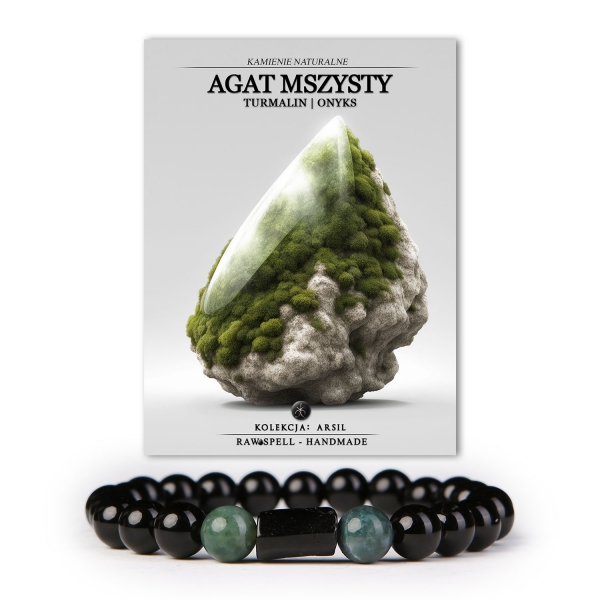 Elegancka bransoletka z kamieni naturalnych z kolekcji Arsil, składająca się z agatu mszystego, turmalinu i onyksu.