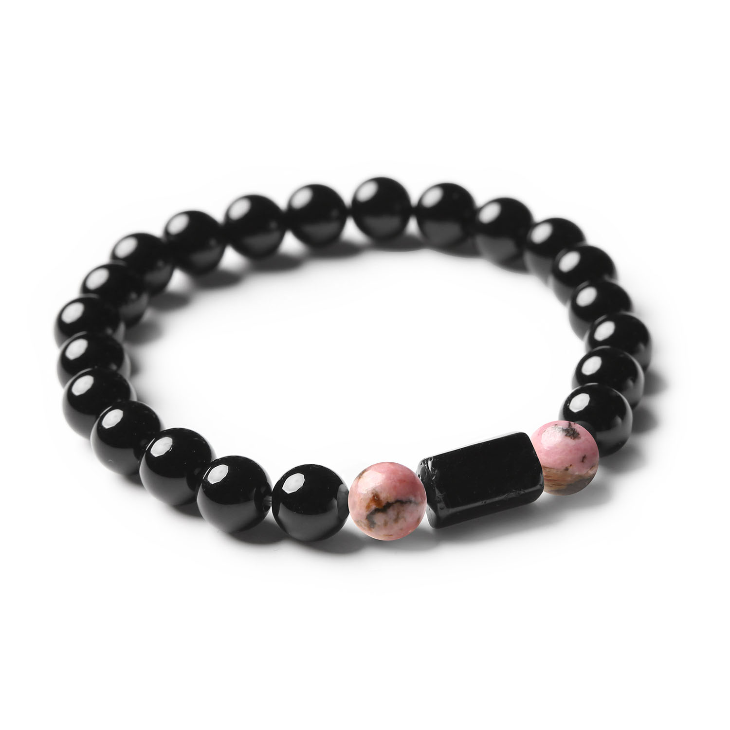 "Elegancka bransoletka z kolekcji Arsil z rodonitu, turmalinu i onyksu, naturalne materiały w modnym wydaniu.