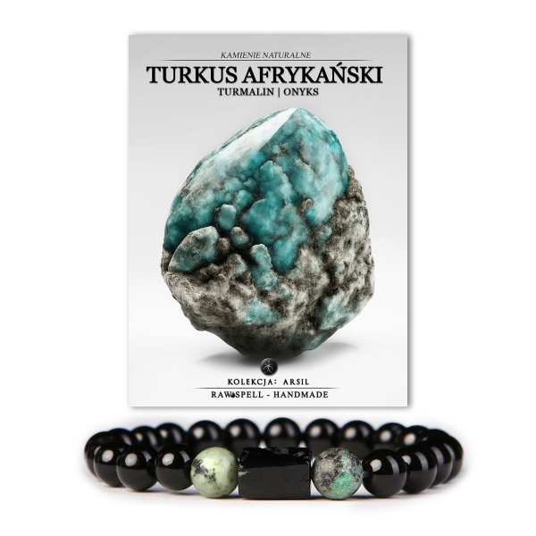 Stylowa bransoletka z turkusem afrykańskim, który przywołuje wspomnienia egzotycznych podróży, turmalinem pełnym witalności oraz klasycznym onyksowym akcentem – idealny dodatek dla poszukujących wyjątkowego stylu.