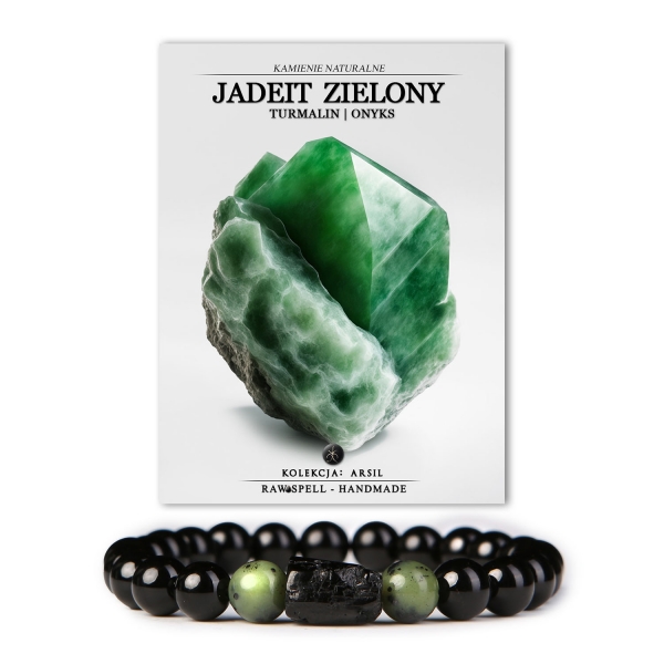Stylowa bransoletka z kamieni naturalnych w kolorach jadeitu zielonego, turmalinu i onksu - Kolekcja Arsil.