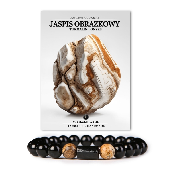 Unikalna bransoletka Arsil, która zachwyca połączeniem jaspisu obrazkowego, turmalinu i onksu - idealna na każdą okazję.