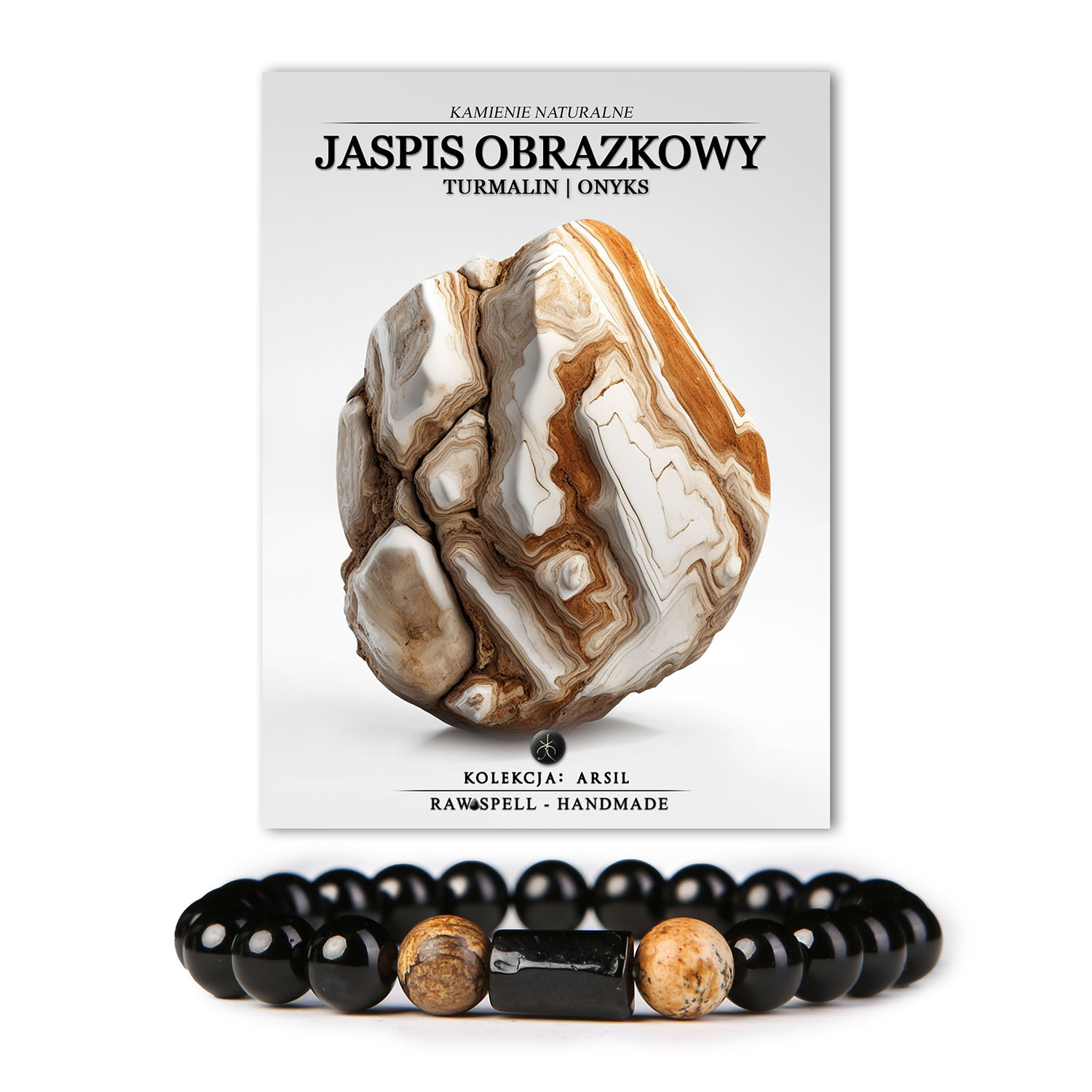 Unikalna bransoletka Arsil, która zachwyca połączeniem jaspisu obrazkowego, turmalinu i onksu - idealna na każdą okazję.