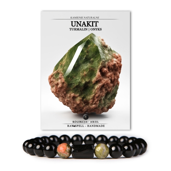 Stylowa bransoletka z kamieni naturalnych w kolorach unakitu, turmalinu i onksu - Kolekcja Arsil.