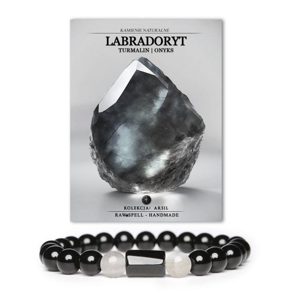 Elegancka bransoletka z naturalnych kamieni: Labradoryt, Turmalin i Onyks, kolekcja Arsil.