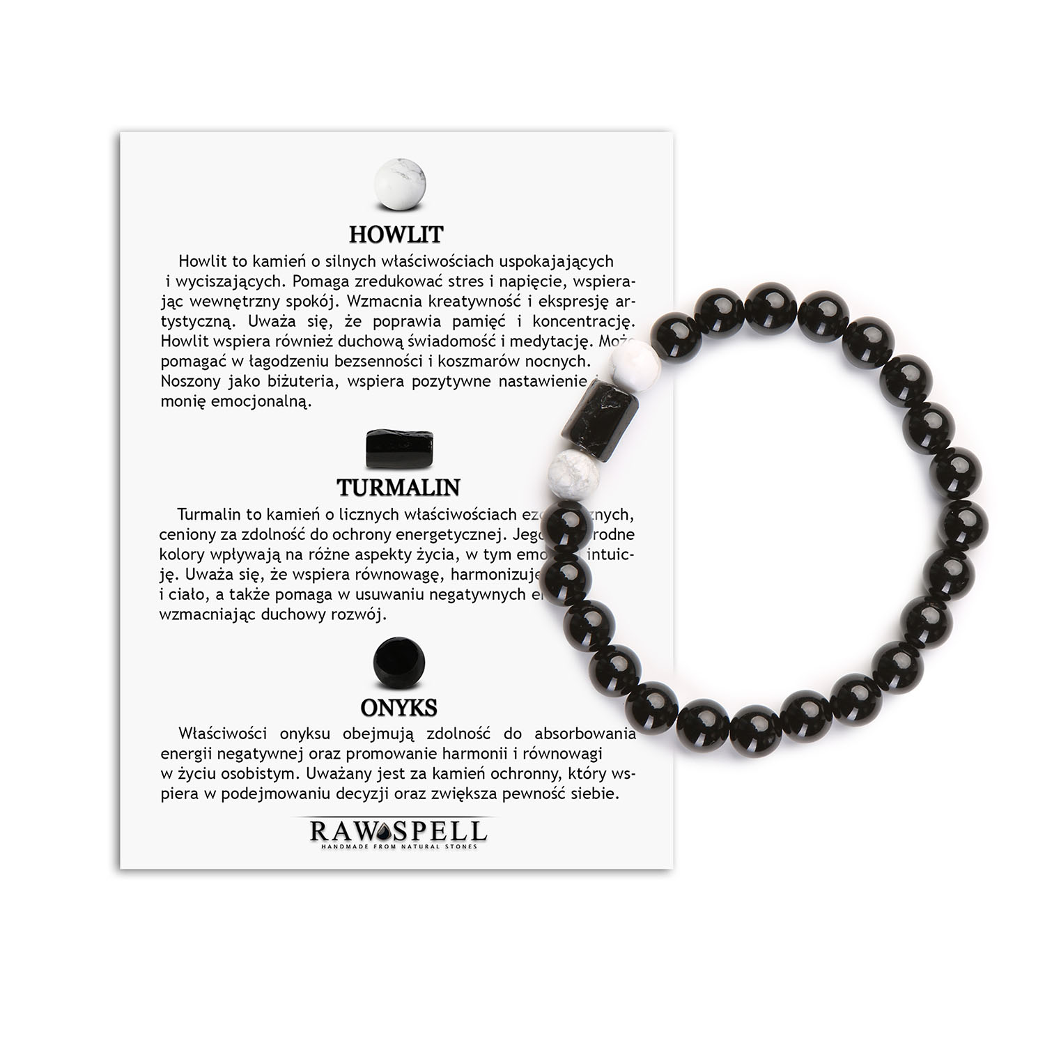 Latarnie Spokoju Bransoletka z Kamieni Naturalnych - Howlit, Turmalin i Onyks Kolekcja Arsil Bransoletka Arsil z howlitowym niebem, turmalinowym blaskiem i onyxową tajemnicą – poczuj magię natury na swoim nadgarstku.