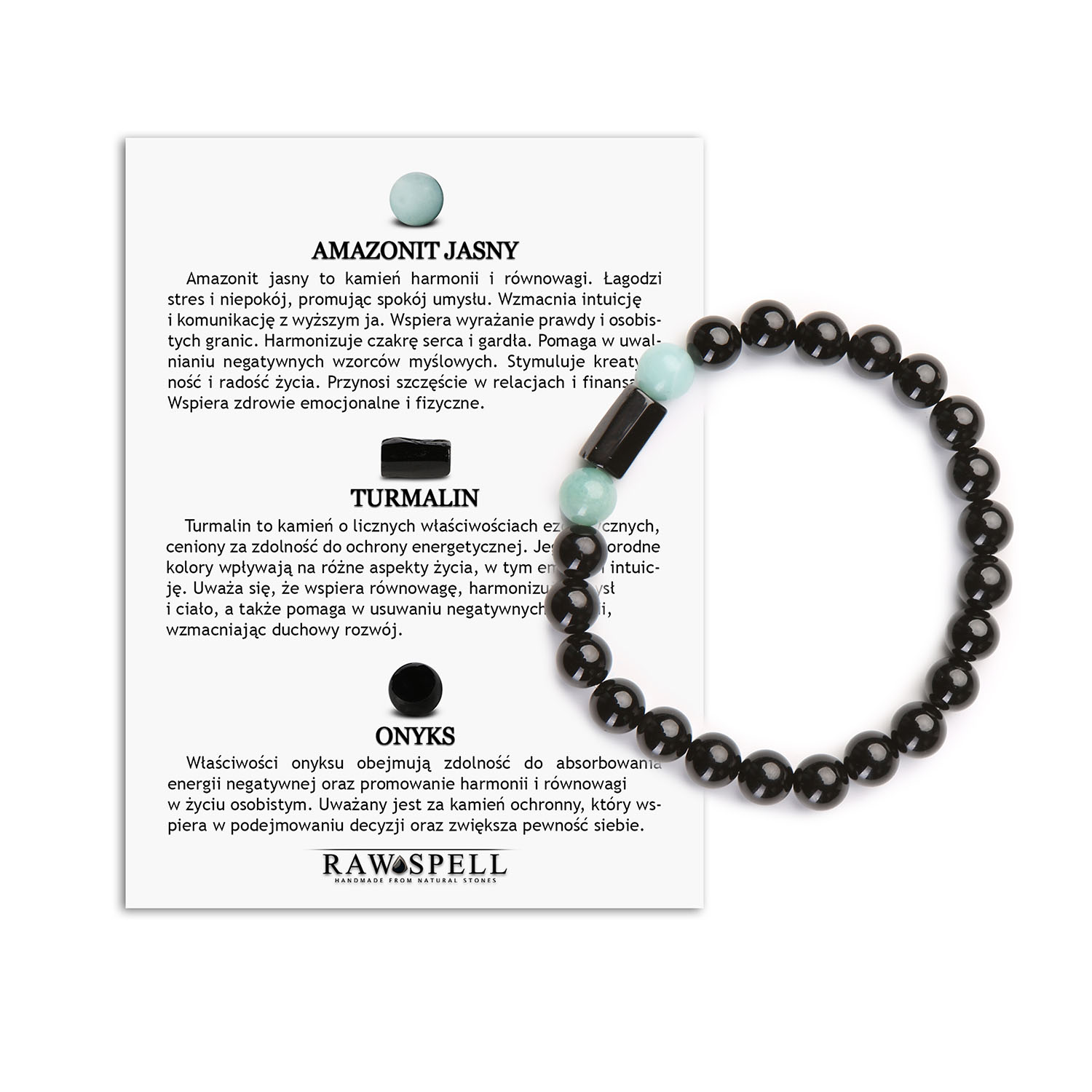 Naturalna Bransoletka z Amazonitu Jasnego, Turmalinu i Onyksu - Kolekcja Arsil Stylowa bransoletka z kamieni naturalnych w kolorach jasnego amazonitu, turmalinu i onksu - Kolekcja Arsil.