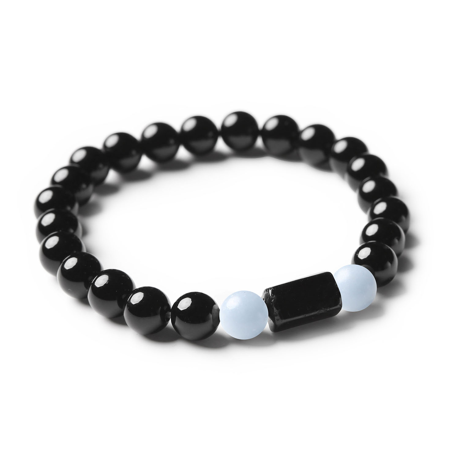 Stylowa bransoletka z kamieni naturalnych w kolorach angelitu Peru, turmalinu i onksu - Kolekcja Arsil.