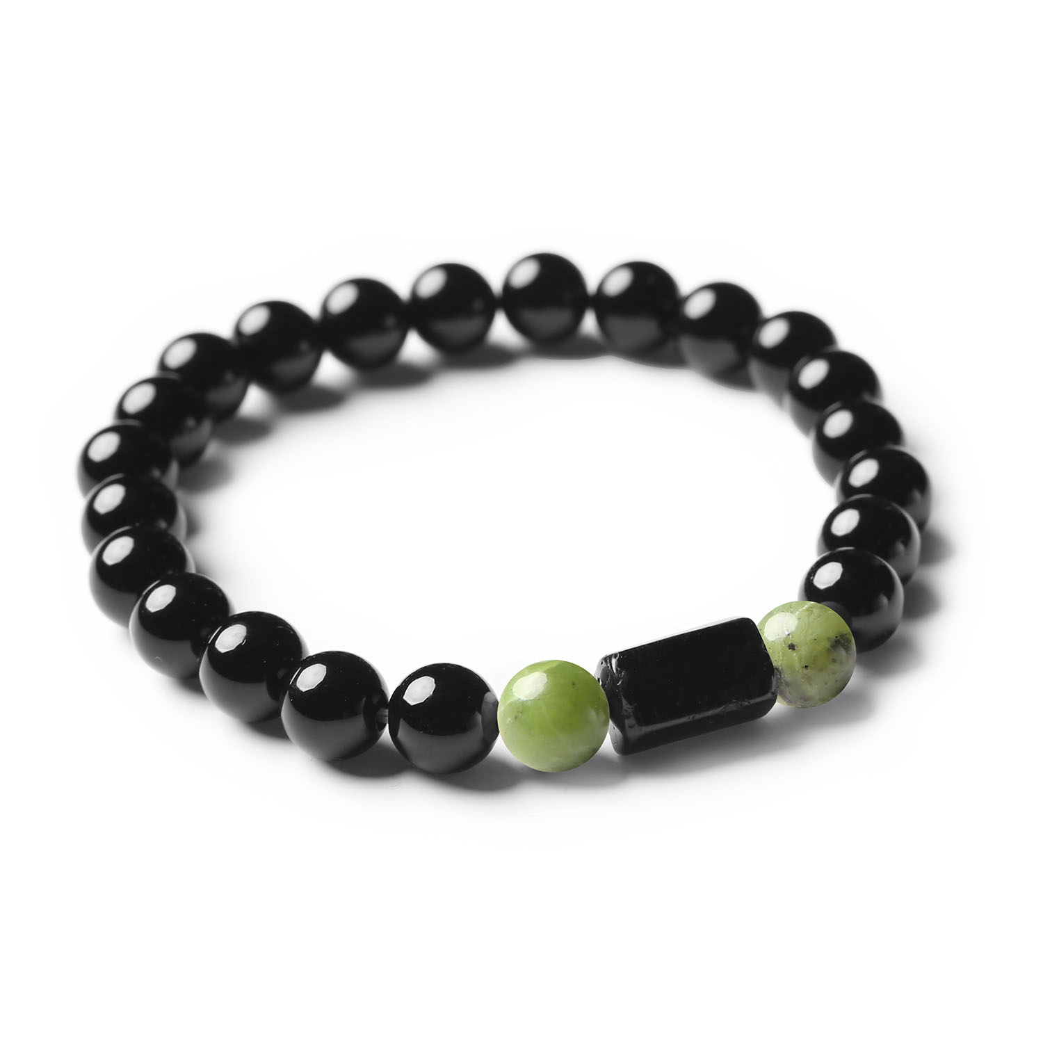 Bransoletka z naturalnych kamieni: jadeit zielony, turmalin i onyks z kolekcji Arsil.