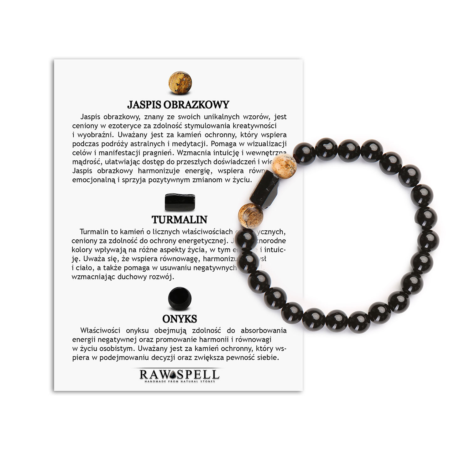 Naturalna Bransoletka z Jaspisu Obrazkowego, Turmalinu i Onyksu - Kolekcja Arsil Bransoletka z kamieni naturalnych, łącząca jaspis obrazkowy, turmalin i onyks – wyjątkowy akcent z kolekcji Arsil.