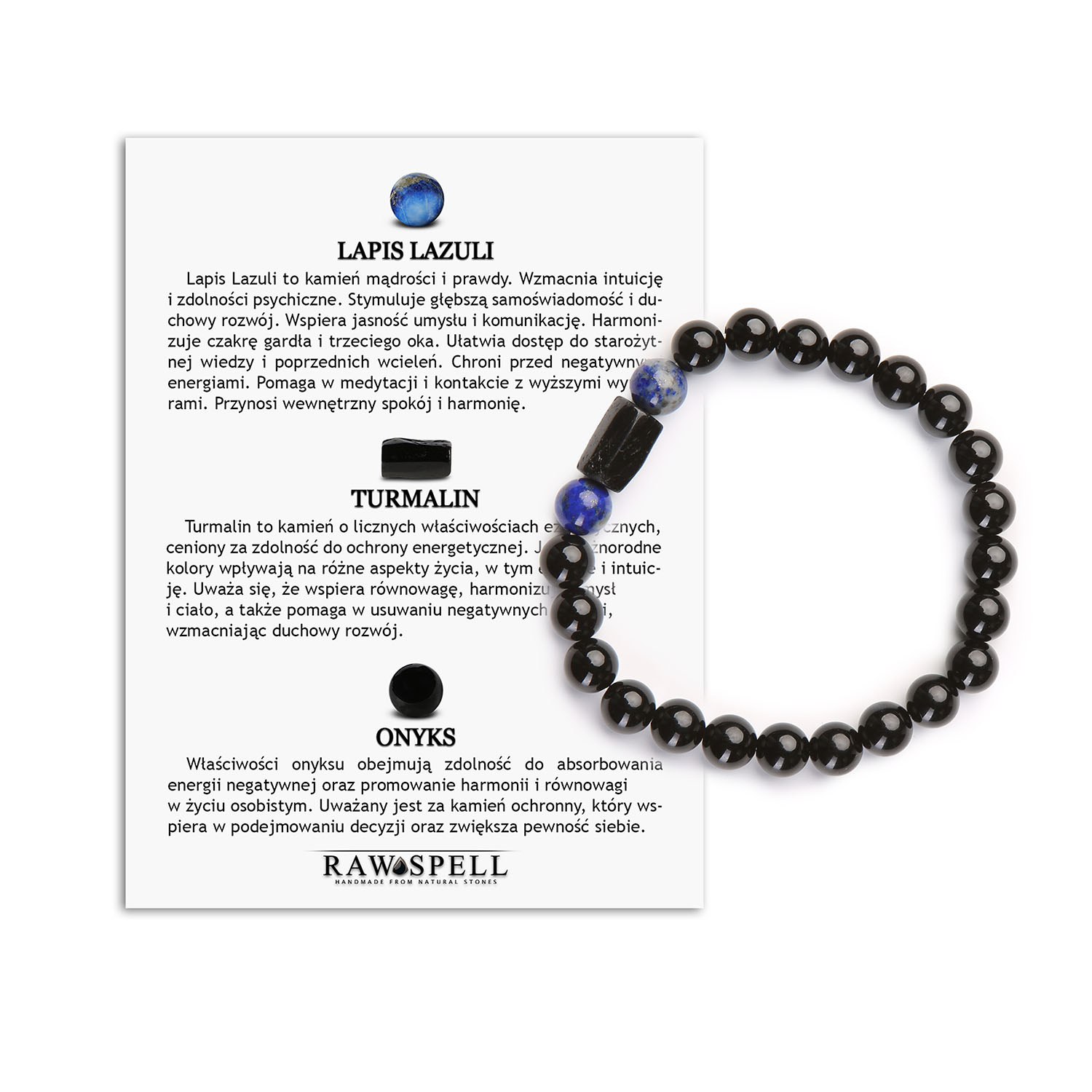 Naturalna Bransoletka z Lapis Lazuli, Turmalinu i Onyksu - Kolekcja Arsil Bransoletka z naturalnych kamieni: lapis lazuli, turmalin i onyks z kolekcji Arsil.