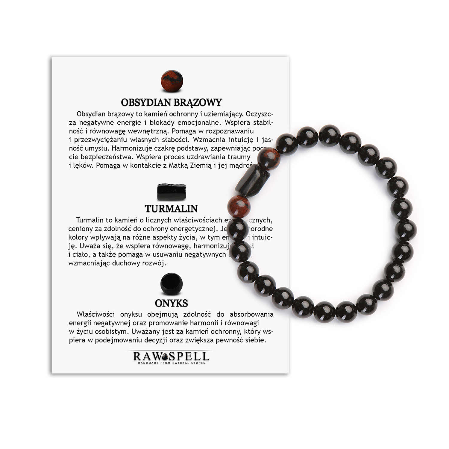 Naturalna Bransoletka z Obsydianu Brązowego, Turmalinu i Onyksu - Kolekcja Arsil Stylowa bransoletka z kamieni naturalnych w kolorach obsydianu brązowego, turmalinu i onksu - Kolekcja Arsil.