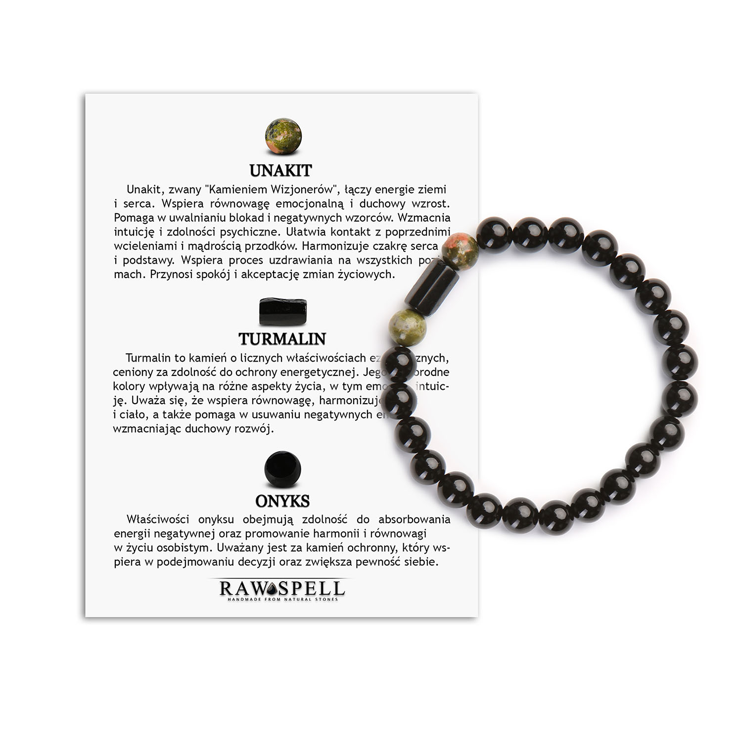 Naturalna Bransoletka z Unakitu, Turmalinu i Onyksu - Kolekcja Arsil Bransoletka z naturalnych kamieni: unakit, turmalin i onyks z kolekcji Arsil.