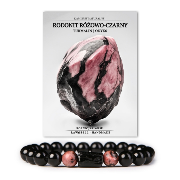 Bransoletka z kolekcji Arsil wykonana z kamieni naturalnych: rodonit różowo-czarny, turmalin i onyks.