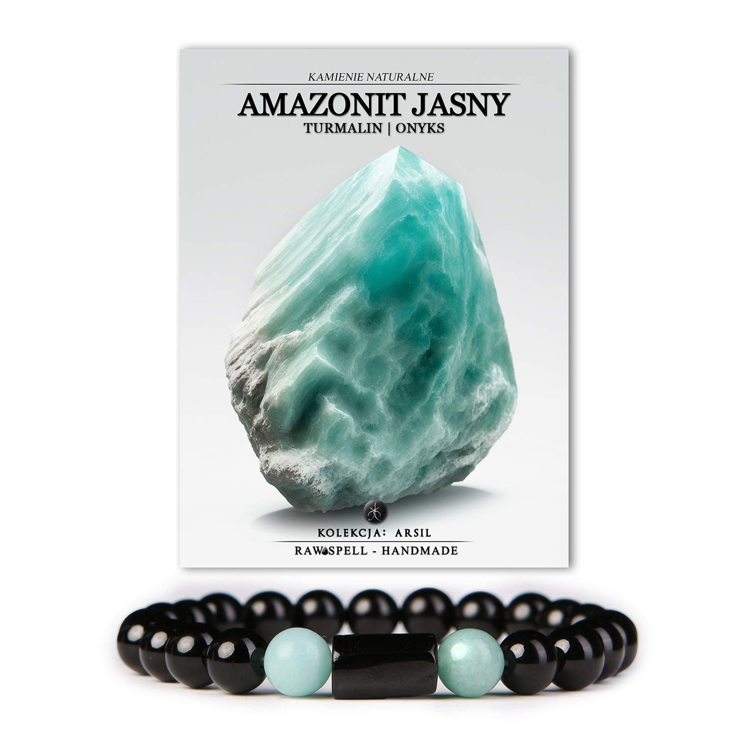 Bransoletka z naturalnych kamieni: amazonit jasny, turmalin i onyks z kolekcji Arsil.