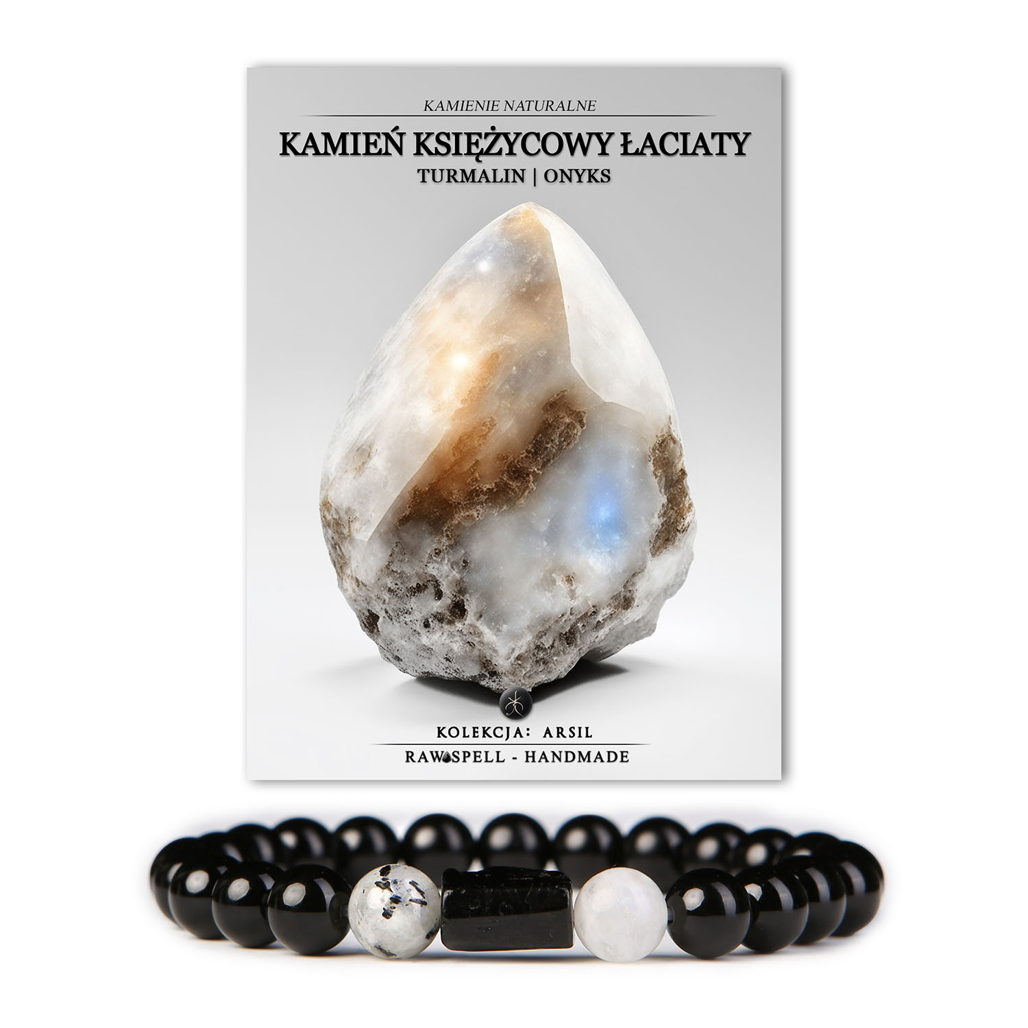 Bransoletka z kolekcji Arsil wykonana z naturalnych kamieni: łaciaty kamień księżycowy, turmalin i onyks - elegancki dodatek do biżuterii.