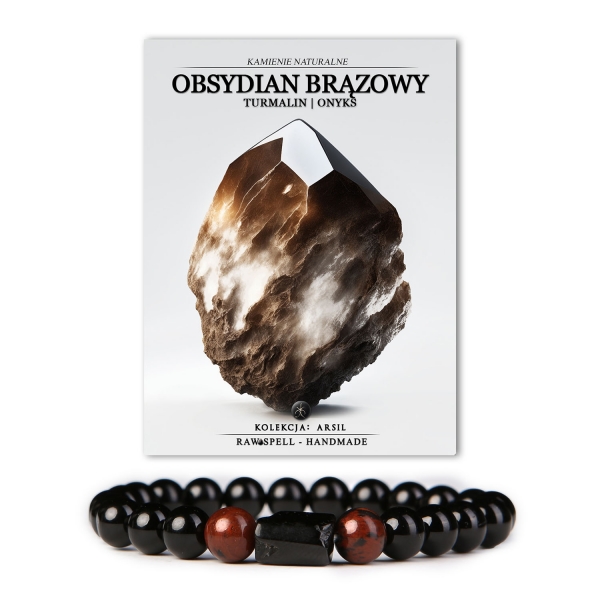 Bransoletka z naturalnych kamieni: obsydian brązowy, turmalin i onyks z kolekcji Arsil.