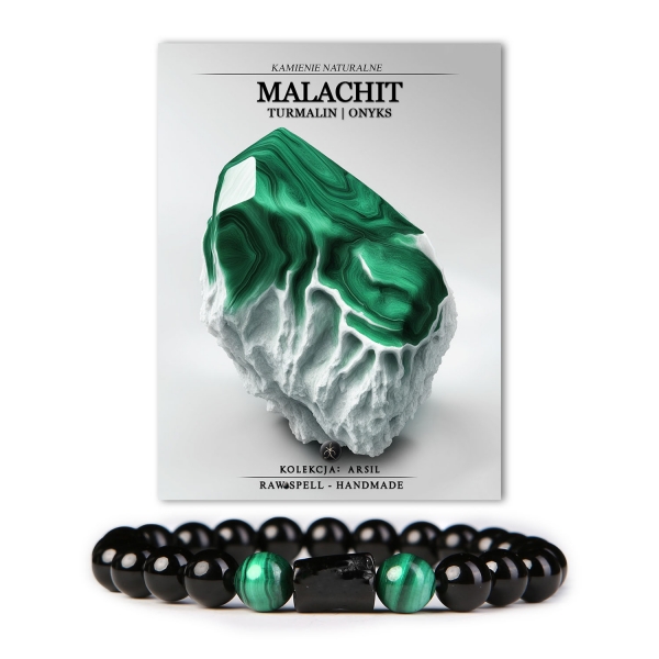 Elegancka bransoletka z kamieni naturalnych, w której intensywny malachit łączy się z delikatnym turmalinem i eleganckim onyksem – idealne na każdą okazję.