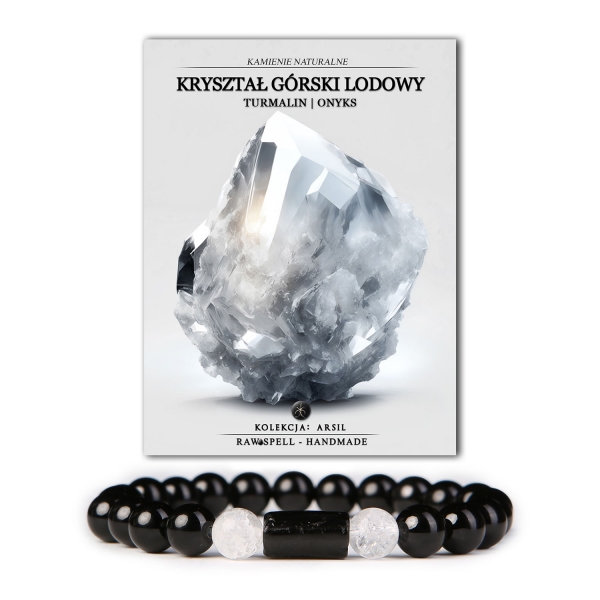 Bransoletka z kolekcji Arsil z naturalnych kamieni: kryształ górski lodowy, turmalin i onyks, elegancki dodatek do biżuterii.