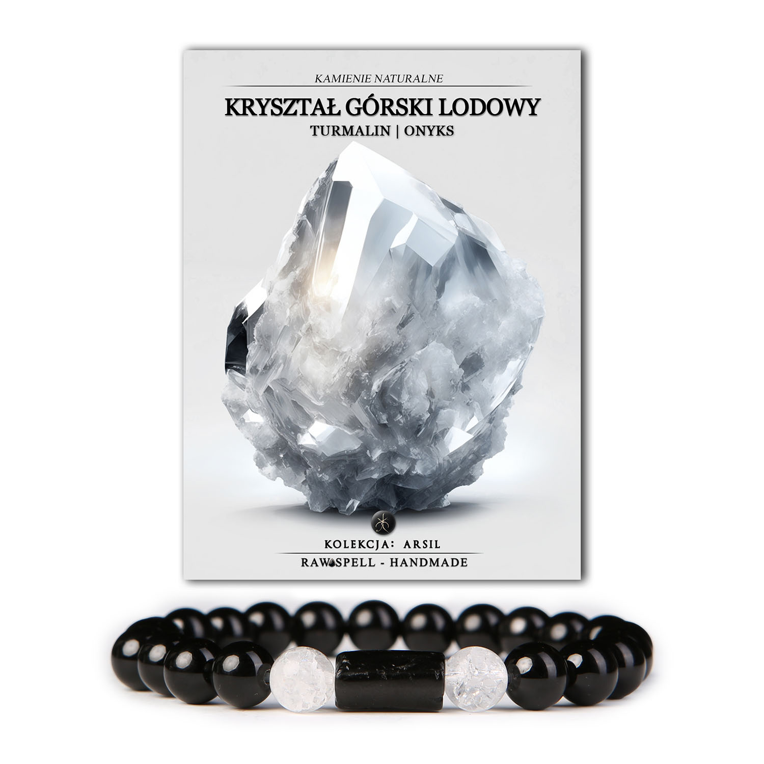 Bransoletka z kolekcji Arsil z naturalnych kamieni: kryształ górski lodowy, turmalin i onyks, elegancki dodatek do biżuterii.