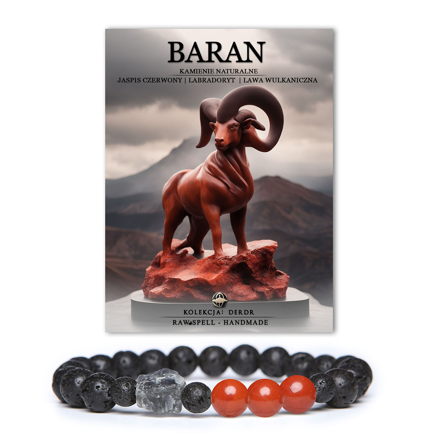 Bransoletka z naturalnych kamieni dla Barana, zawierająca czerwony jaspis, labradoryt i wulkaniczną lawę - kolekcja Derdr. Idealna dla aktywnych i odważnych.
