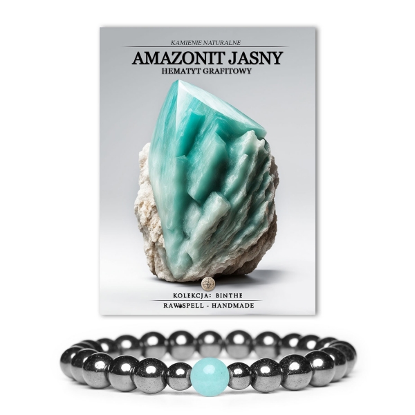 Bransoletka Binthe z kamieniami naturalnymi: jasny amazonit i grafitowy hematyt, modny dodatek zarówno dla kobiet, jak i mężczyzn.