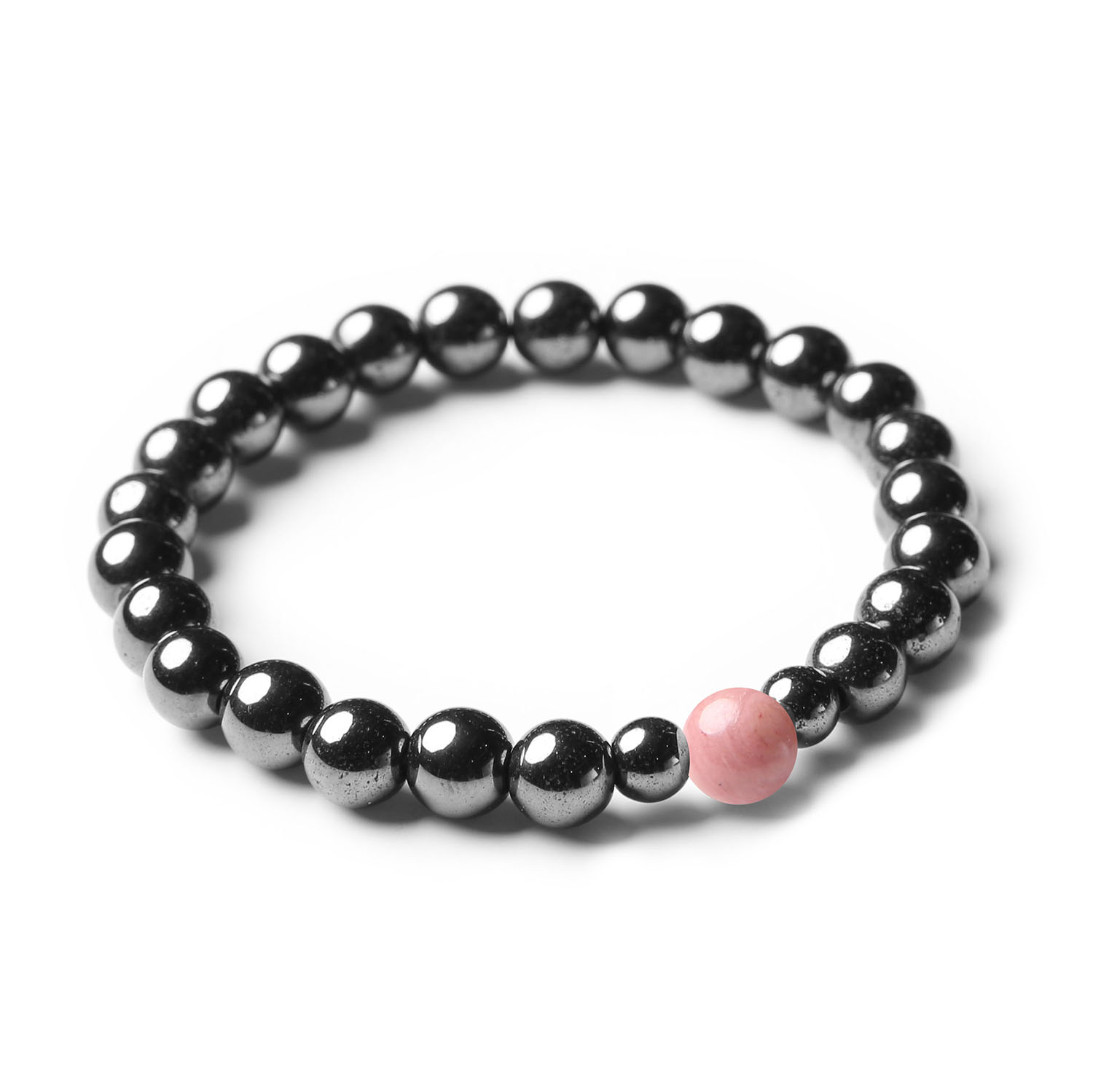 Bransoletka damska i męska z kolekcji Binthe, wykonana z różowego rodonitu i grafitowego hematytu, kamienie naturalne.