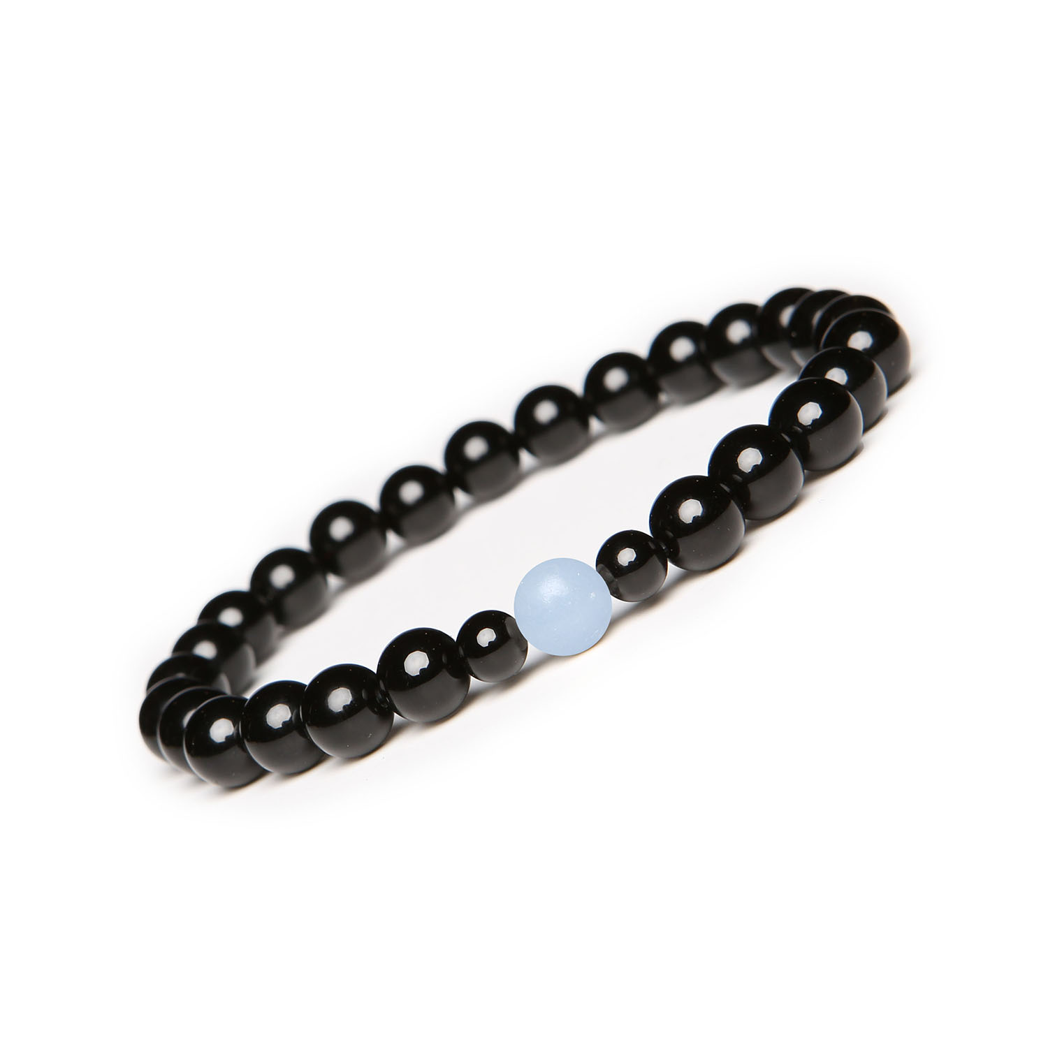 Binthe Collection Damska i Męska Bransoletka z Angelitem Peru i Onyksami Stylowa bransoletka męska i damska z kolekcji Binthe, ozdobiona kamieniami angelitu z Peru i onyksami.