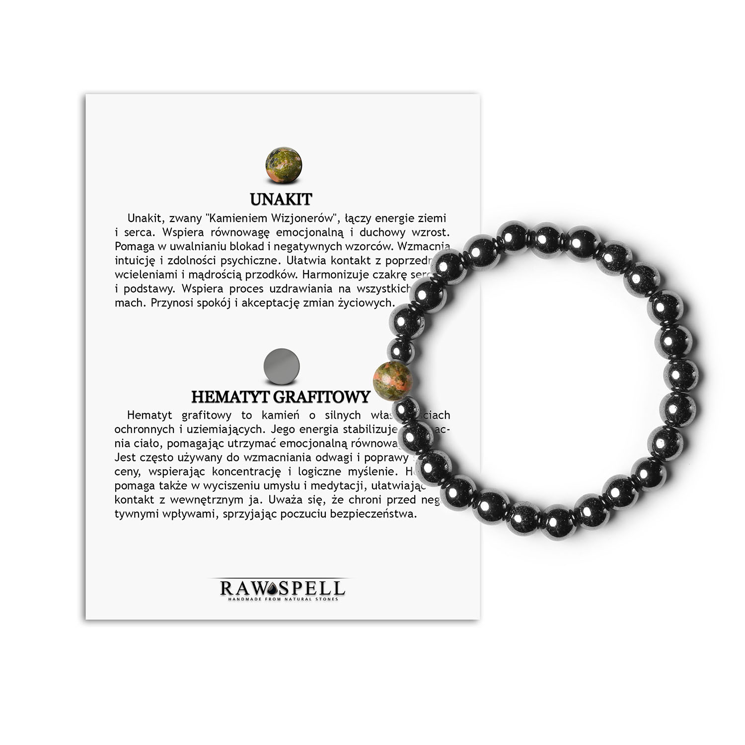 Binthe Damska i Męska Bransoletka z Unakitem i Hematytem Grafitowym - Elegancja z Naturalnych Kamieni Bransoletka z naturalnych kamieni unakitu i hematytu grafitowego z kolekcji Binthe, dedykowana dla obu płci.