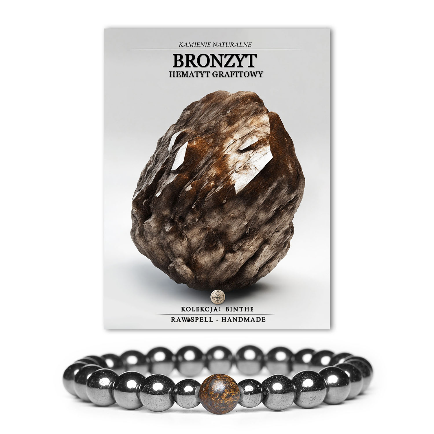Stylowa bransoletka męska/damska z naturalnych kamieni bronzyt i hematyt grafitowy, z serii Binthe.