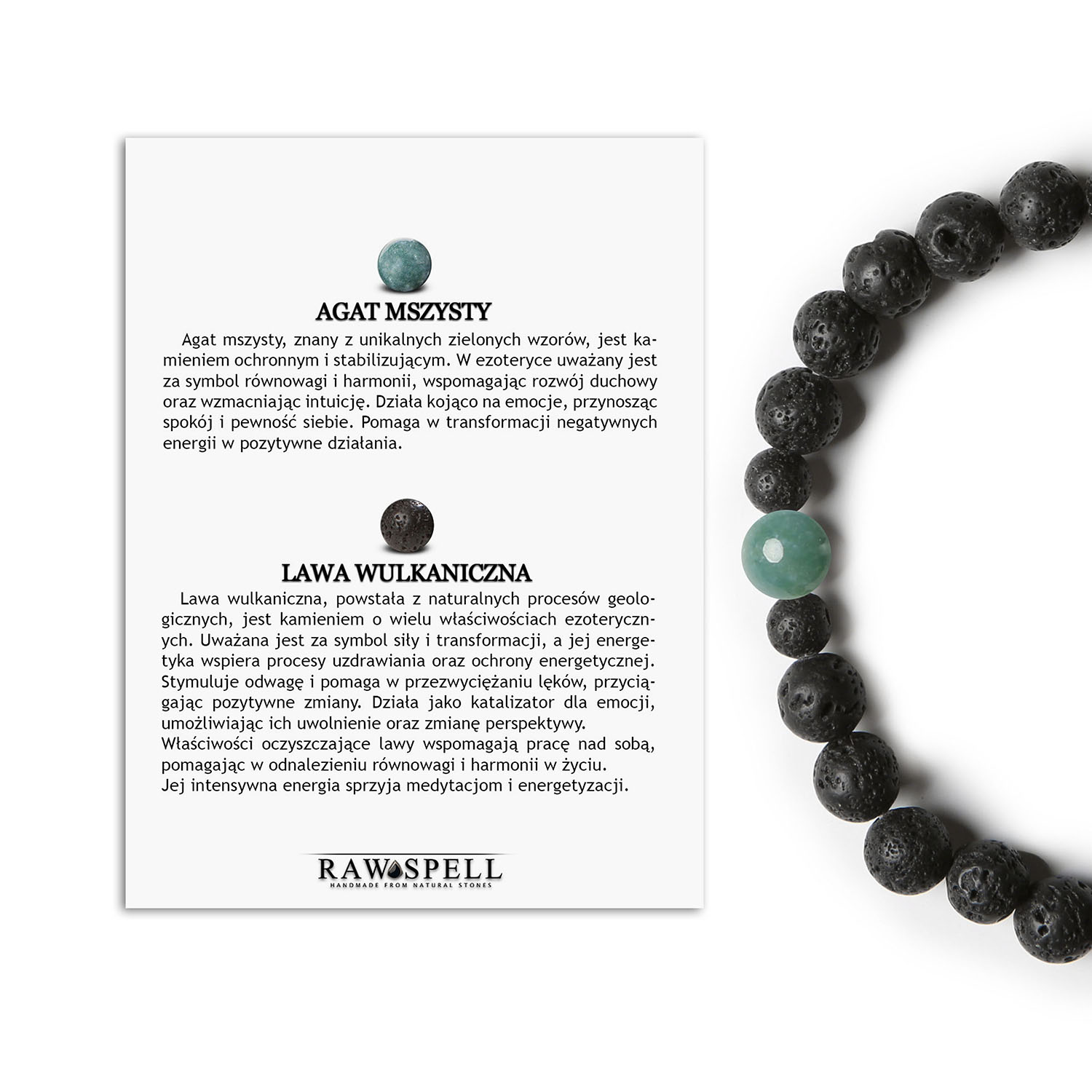 Binthe – bransoletka z Agatem Mszystym i Lawą Wulkaniczną, uniwersalny design dla niego i dla niej Stylowa bransoletka unisex z kolekcji Binthe, wykonana z agatu mszystego i lawy wulkanicznej.