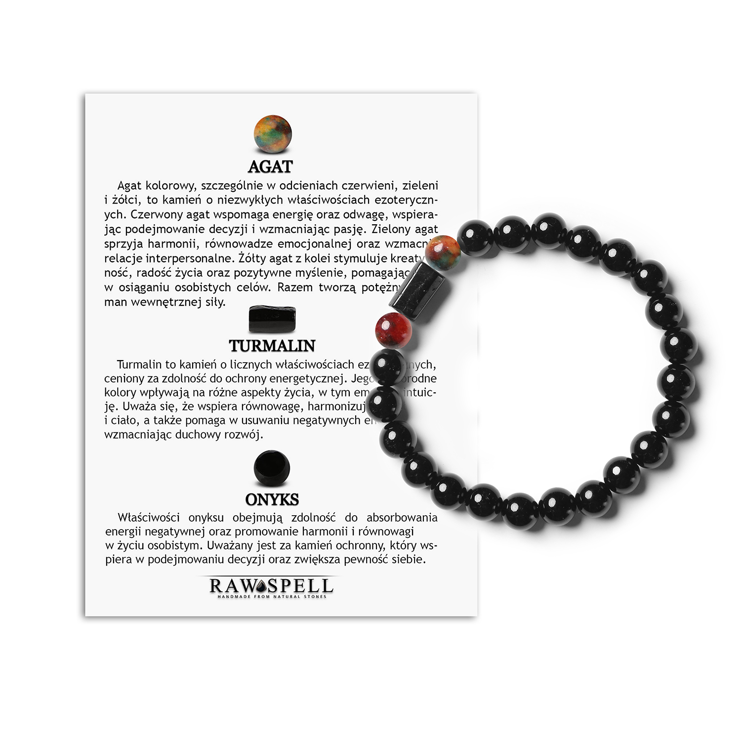 Bransoletka Arsil z naturalnych kamieni Agat, Turmalin, Onyks. Idealna dla Mężczyzn i Kobiet. Dodaj stylu swoim dniom Bransoletka Arsil z agatów, turmalinów i onyksów. Naturalne kamienie dla Mężczyzn i Kobiet. Odkryj swoją unikalność.