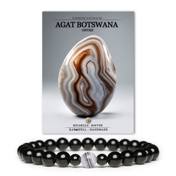 Elegancka bransoletka Binthe z agatem Botswana i onyksami, unisex, doskonała na każdą okazję.