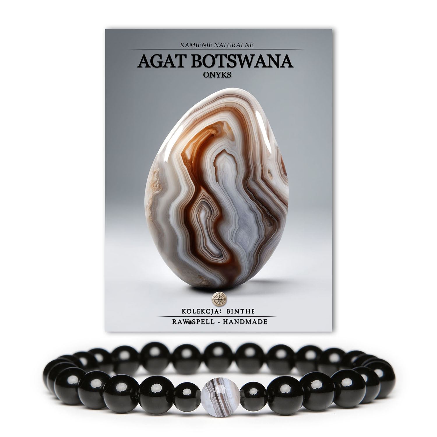 Elegancka bransoletka Binthe z agatem Botswana i onyksami, unisex, doskonała na każdą okazję.